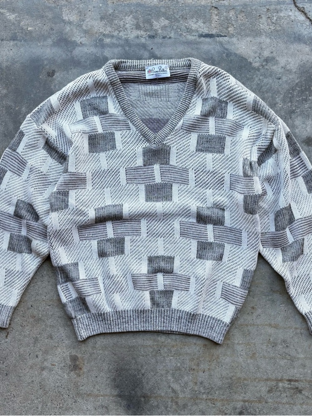Prince Bellini made in Canada V-Neck Geometric Knit Sweater in Cream and Gray